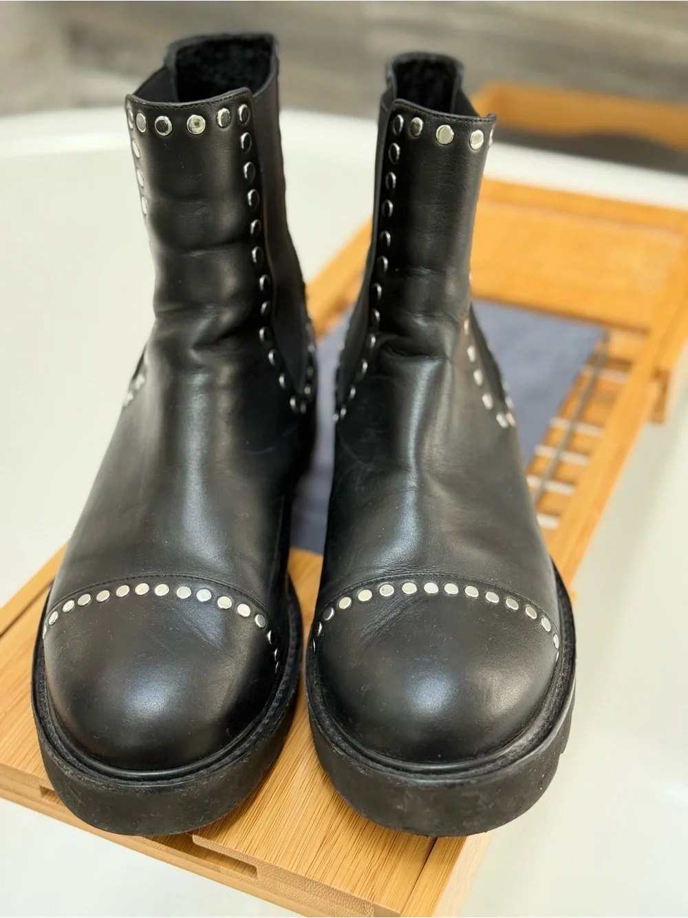 Stuart Weitzman Frankie Studded Chelsea Lug Ankle Boots in black